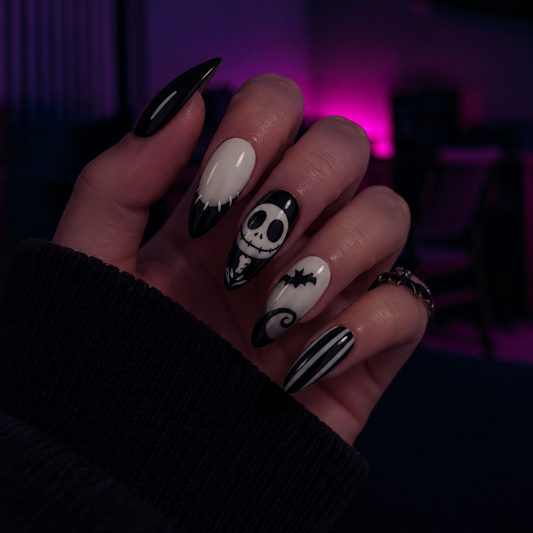 Press-on nails Jack Skellington, ongles amande noirs et blancs avec visage de Jack Skellington, chauve-souris et motifs rayés façon Halloween